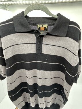 FB County Charlie Brown Black And Gray  Striped Knit Polo Medium